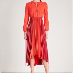 Maje Reona Color Block Pleated Shirt Dress Red & Pink midi coral red size 1 - S